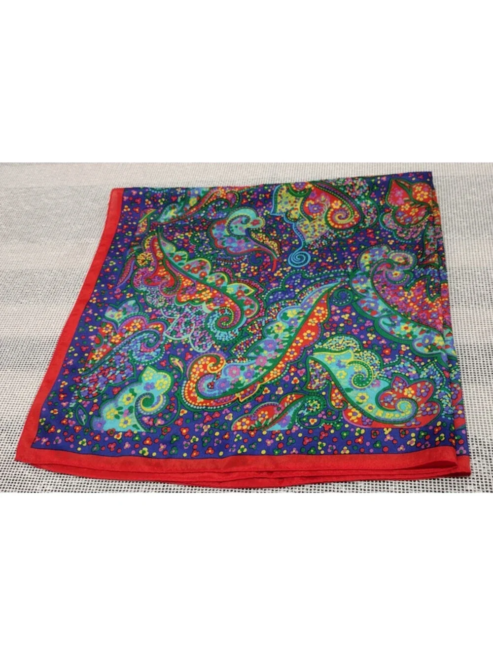 Vintage Psychedelic Paisley Silk Scarf Red Border Colorful Multicolor Big Size!